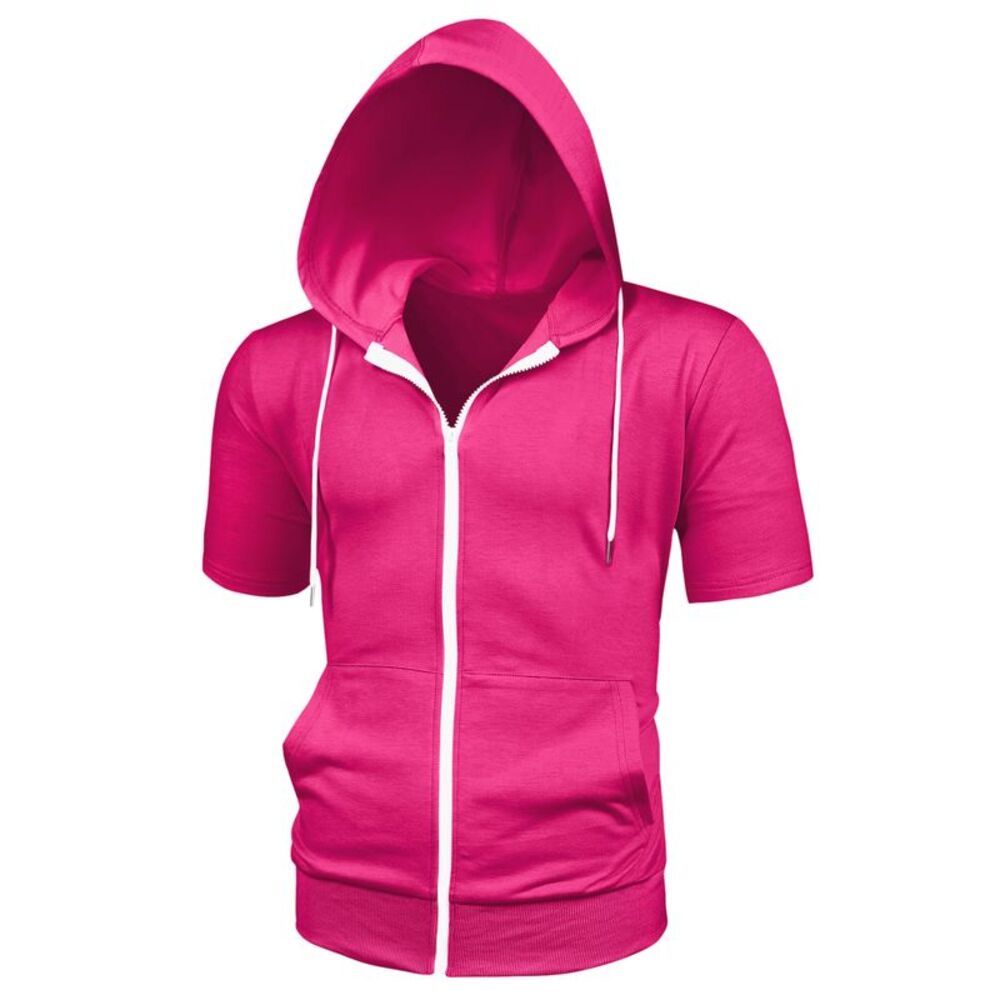 Hoodies Solid Color Zip Up Short Sleeve Jackets with Hood Rose Red